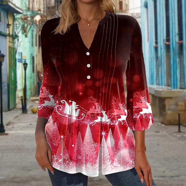 Women's Shirt Christmas Shirt Red Blue Green Christmas Tree Deer Button Flowing Tunic Print Long Sleeve Christmas Weekend Streetwear Casual V Neck Regular Fit 4 Women's Shirt Christmas Shirt Red Blue Green Christmas Tree Deer Button Flowing Tunic Print Long Sleeve Christmas Weekend Streetwear Casual V Neck Regular Fit - Image 2