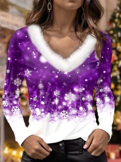 Women's T Shirt Tee Christmas Shirt Red Blue Purple Snowflake Print Long Sleeve Party Christmas Weekend Festival / Holiday Fur Collar Regular Fit Painting Fall & Winter -Cheap Women Clothing Store rxdlej1697453711456