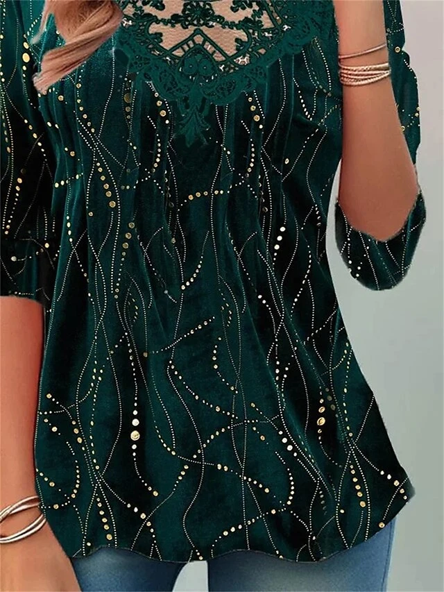 Women's Blouse Christmas Shirt Velvet Green Striped Sparkly Lace Print Long Sleeve Party Christmas Casual Festival / Holiday Round Neck Regular Fit Fall & Winter 5 Women's Blouse Christmas Shirt Velvet Green Striped Sparkly Lace Print Long Sleeve Party Christmas Casual Festival / Holiday Round Neck Regular Fit Fall & Winter - Image 3