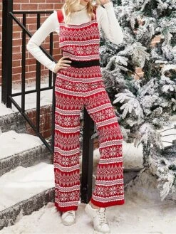 Women's Overall Pocket Print Geometric Square Neck Holiday Christmas Daily Xmas Regular Fit Sleeveless Red Green S M L Fall