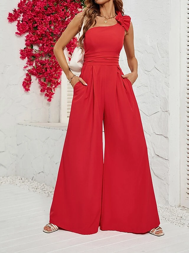 Women's Jumpsuit Ruffle Patchwork Solid Color One Shoulder Streetwear Christmas Party Street Xmas Wide Leg Slim Sleeveless Red S M L Fall 8 Women's Jumpsuit Ruffle Patchwork Solid Color One Shoulder Streetwear Christmas Party Street Xmas Wide Leg Slim Sleeveless Red S M L Fall - Image 6