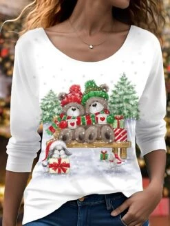 Women's T Shirt Tee Christmas Shirt White Bear Print Long Sleeve Christmas Weekend Fashion Round Neck Regular Fit Painting Spring &Fall
