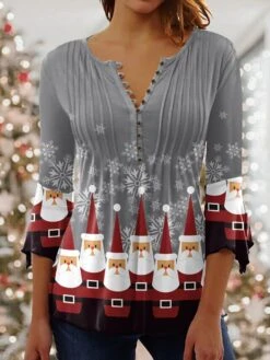 Women's Shirt Christmas Shirt Black Red Blue Santa Claus Snowflake Button Print 3/4 Length Sleeve Christmas Weekend Streetwear Casual Round Neck Regular Fit -Cheap Women Clothing Store rzbayb1668137409686