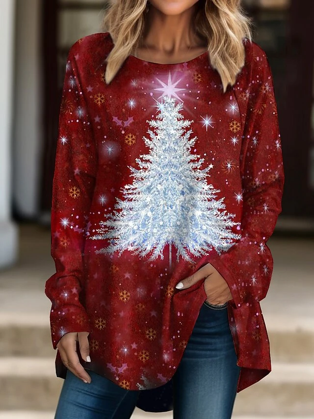 Women's T Shirt Tee Christmas Shirt Wine Christmas Tree Print Long Sleeve Christmas Weekend Festival / Holiday Round Neck Regular Fit Painting Spring &Fall 3 Women's T Shirt Tee Christmas Shirt Wine Christmas Tree Print Long Sleeve Christmas Weekend Festival / Holiday Round Neck Regular Fit Painting Spring &Fall