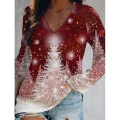 Women's T Shirt Tee Christmas Shirt Black Pink Wine Christmas Tree Print Long Sleeve Christmas Weekend Basic Print Christmas V Neck Regular Fit Painting Fall & Winter -Cheap Women Clothing Store sczdbw1665716625717