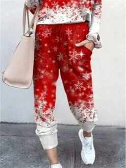 Women's Sweatshirt Tracksuit Pants Sets Red Graphic Drawstring Print Long Sleeve Outdoor Festival Active Christmas Round Neck Regular Fit Spring &Fall -Cheap Women Clothing Store sdejld1696737198168