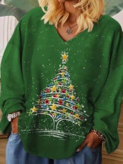 Women‘s Plus Size Christmas Tops T Shirt Tee Tree Print Long Sleeve V Neck Casual Festival Daily Polyester Winter Fall Green Blue