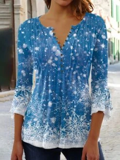 Women's Shirt Christmas Shirt Pink Blue Green Snowflake Button Print 3/4 Length Sleeve Christmas Weekend Streetwear Casual Round Neck Regular Fit