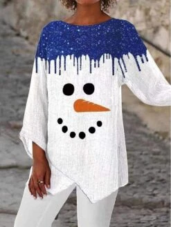 Women's Shirt Blouse Christmas Shirt Black White Blue Snowman Christmas Tree Snowflake Asymmetric Print Long Sleeve Party Christmas Casual Festival / Holiday Print Round Neck Regular Fit Spring -Cheap Women Clothing Store seqbxi1694687623469