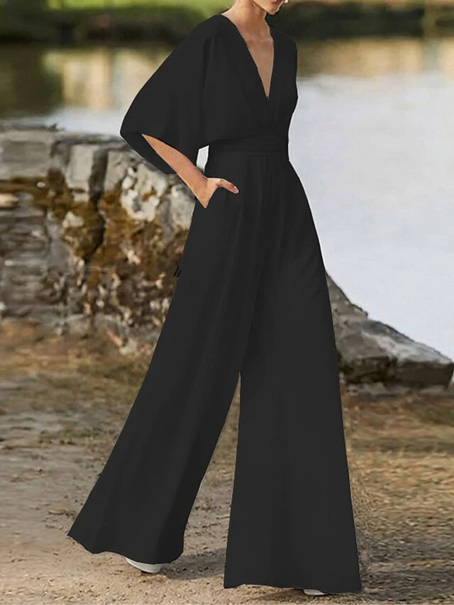Women's Jumpsuit Pocket High Waist Solid Color V Neck Elegant Christmas Wedding Party Xmas Regular Fit 3/4 Length Sleeve Black White Pink S M L Fall 5 Women's Jumpsuit Pocket High Waist Solid Color V Neck Elegant Christmas Wedding Party Xmas Regular Fit 3/4 Length Sleeve Black White Pink S M L Fall - Image 3