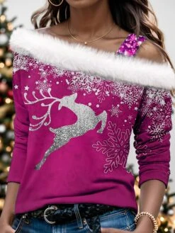 Women's Blouse Christmas Shirt Pink Red Blue Snowflake Deer Print Long Sleeve Christmas Casual Festival / Holiday Fur Collar Regular Fit Spring &Fall -Cheap Women Clothing Store sesthg1696752632731