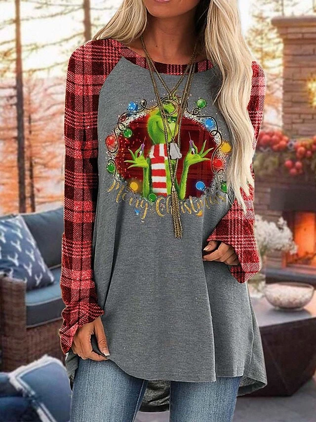 Women's T Shirt Tee Christmas Shirt Black Red Dark Gray Graphic Plaid Grinch Print Long Sleeve Christmas Weekend Basic Christmas Round Neck Regular Fit Painting Fall & Winter 4 Women's T Shirt Tee Christmas Shirt Black Red Dark Gray Graphic Plaid Grinch Print Long Sleeve Christmas Weekend Basic Christmas Round Neck Regular Fit Painting Fall & Winter - Image 2
