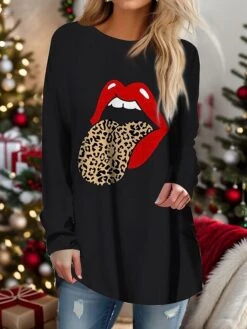 Women's T Shirt Tee Christmas Shirt Black Red Brown Leopard Lip Reindeer Print Long Sleeve Christmas Weekend Festival / Holiday Funny Christmas Round Neck Regular Fit Painting Spring &Fall -Cheap Women Clothing Store sgdtxb1694426499202