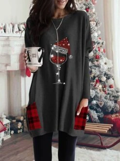 Women's T Shirt Tee Christmas Shirt Black White Gray Graphic Pocket Print Long Sleeve Christmas Weekend Basic Christmas Round Neck Regular Fit Painting Fall & Winter