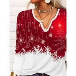 Women's Shirt Christmas Shirt Red Graphic Snowflake Print Long Sleeve Christmas Weekend Streetwear Casual Print V Neck Regular Fit 7 Women's Shirt Christmas Shirt Red Graphic Snowflake Print Long Sleeve Christmas Weekend Streetwear Casual Print V Neck Regular Fit -Cheap Women Clothing Store sjcxow1665299711332