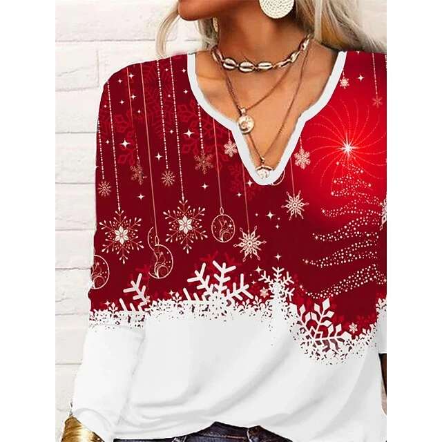 Women's Shirt Christmas Shirt Red Graphic Snowflake Print Long Sleeve Christmas Weekend Streetwear Casual Print V Neck Regular Fit 5 Women's Shirt Christmas Shirt Red Graphic Snowflake Print Long Sleeve Christmas Weekend Streetwear Casual Print V Neck Regular Fit - Image 3