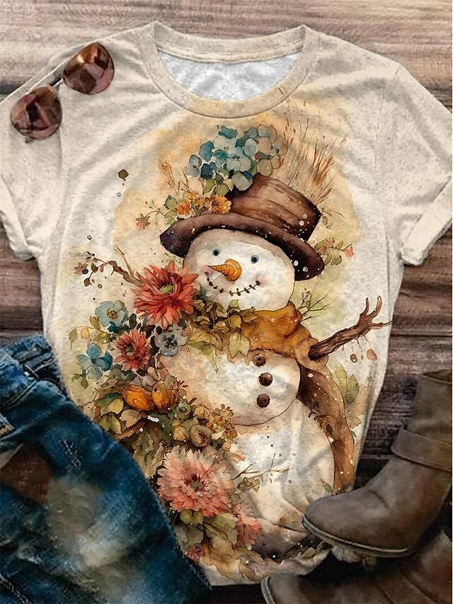 Women's T Shirt Tee Christmas Shirt Black White Yellow Snowman Santa's Helper Print Short Sleeve Christmas Weekend Festival / Holiday Christmas Round Neck Regular Fit Painting Summer 6 Women's T Shirt Tee Christmas Shirt Black White Yellow Snowman Santa's Helper Print Short Sleeve Christmas Weekend Festival / Holiday Christmas Round Neck Regular Fit Painting Summer - Image 4