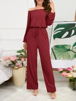 Women's Jumpsuit Pocket Drawstring Solid Color Off Shoulder Christmas Business Office Work Xmas Regular Fit Long Sleeve Black Red Blue S M L Fall