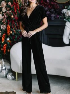 Women's Jumpsuit Lace Up High Waist Solid Color Round Neck Active Christmas Daily Regular Fit Short Sleeve Black Wine Green S M L Fall -Cheap Women Clothing Store sjnpth1697679529846
