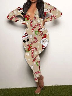 Women's Jumpsuit Print Geometric V Neck Active Xmas Home Christmas Regular Fit Long Sleeve White-1 Blue-3 Khaki-7 S M L Fall -Cheap Women Clothing Store sklkbd1695792452563