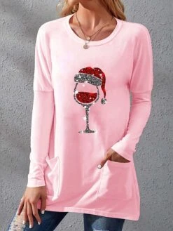 Women's T Shirt Tee Christmas Shirt Black White Pink Graphic Print Long Sleeve Christmas Weekend Basic Christmas Round Neck Regular Fit Painting Fall & Winter -Cheap Women Clothing Store slinpy1665809033833