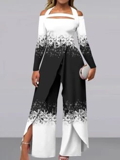 Women's Jumpsuit Print Gradient Off Shoulder Active Christmas Holiday Wide Leg Regular Fit Long Sleeve Black White Red S M L All Seasons