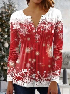 Women's Shirt Blouse Christmas Shirt Maroon Wine Red Black Plaid Snowman Deer Button Print 3/4 Length Sleeve Christmas Weekend Streetwear Casual Print Round Neck Regular Fit -Cheap Women Clothing Store smfanj1666688563922