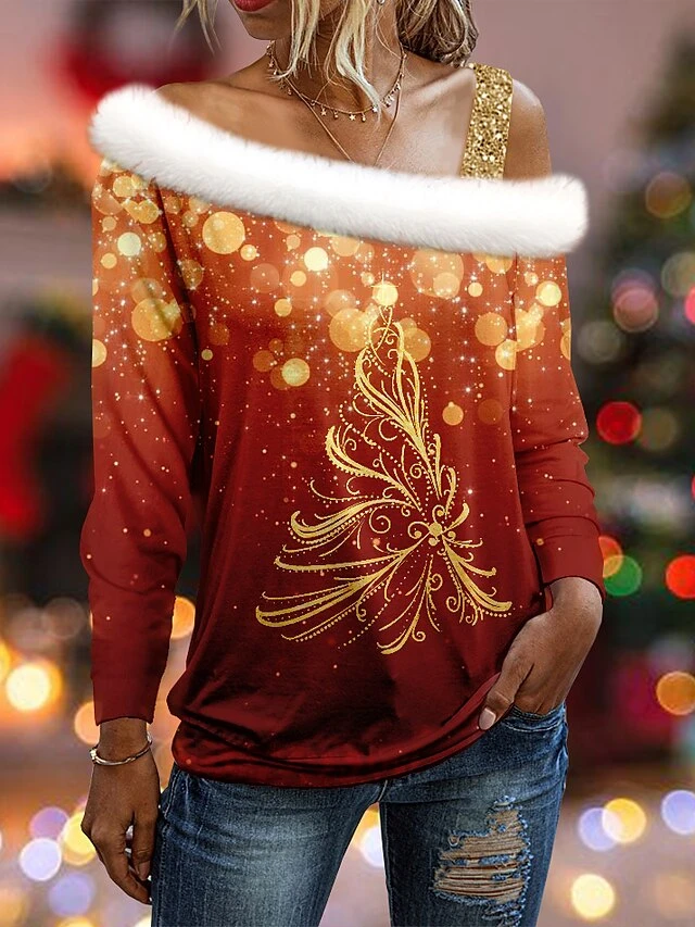 Women's Shirt Blouse Christmas Shirt Red Christmas Tree Print Long Sleeve Party Christmas Casual Festival / Holiday Fur Collar Regular Fit Fall & Winter 3 Women's Shirt Blouse Christmas Shirt Red Christmas Tree Print Long Sleeve Party Christmas Casual Festival / Holiday Fur Collar Regular Fit Fall & Winter