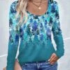 Women's T Shirt Tee Christmas Shirt Blue Christmas Tree Snowflake Button Print Long Sleeve Christmas Weekend Festival / Holiday Round Neck Regular Fit Painting Spring &Fall