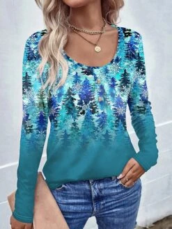 Women's T Shirt Tee Christmas Shirt Blue Christmas Tree Snowflake Button Print Long Sleeve Christmas Weekend Festival / Holiday Round Neck Regular Fit Painting Spring &Fall