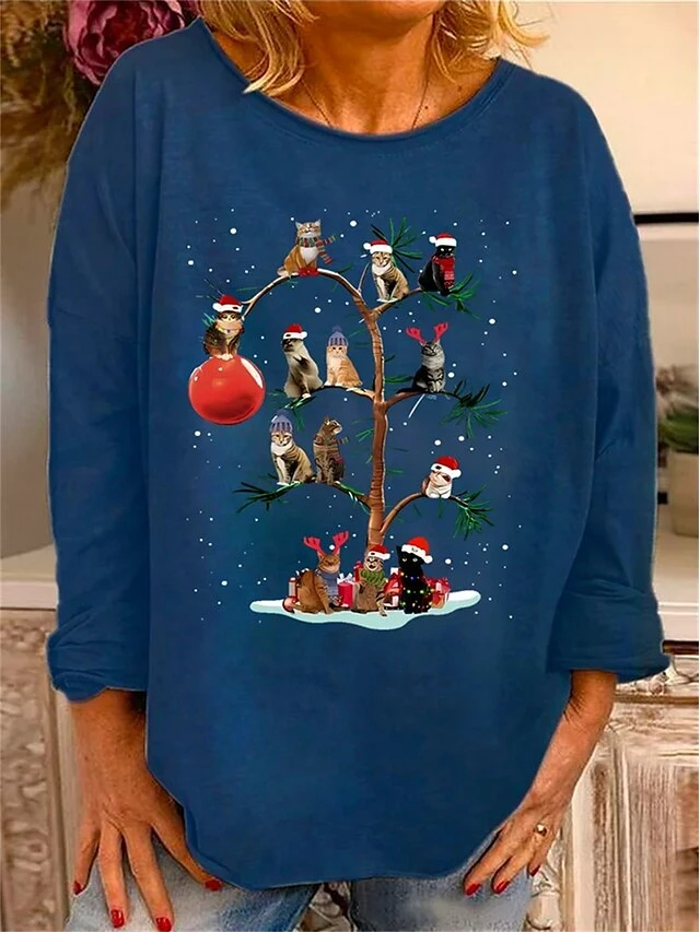 Women's T Shirt Tee Christmas Shirt Black Red Blue Cat Print Long Sleeve Christmas Weekend Festival / Holiday Round Neck Regular Fit Painting Spring &Fall 7 Women's T Shirt Tee Christmas Shirt Black Red Blue Cat Print Long Sleeve Christmas Weekend Festival / Holiday Round Neck Regular Fit Painting Spring &Fall - Image 5