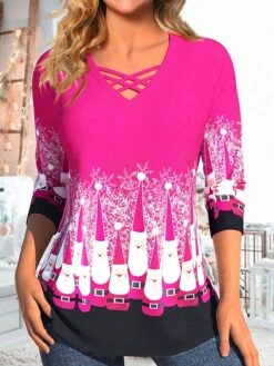 Women's T Shirt Tee Christmas Shirt Pink Red Blue Santa Claus Print Long Sleeve Christmas Weekend Festival / Holiday Christmas V Neck Regular Fit Painting Spring &Fall -Cheap Women Clothing Store spsoij1695121143129
