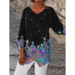 Women's Shirt Blouse Black White Geometric Christmas Tree Asymmetric Print Long Sleeve Christmas Weekend Streetwear V Neck Regular Fit Geometric Spring Fall