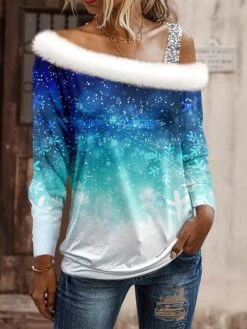 Women's Shirt Blouse Christmas Shirt Blue Snowflake Print Long Sleeve Party Christmas Casual Festival / Holiday One Shoulder Fur Collar Regular Fit Spring &Fall