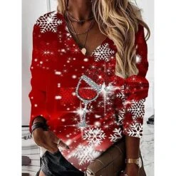 Women's Shirt Christmas Shirt Black Wine Red Snowflake Print Long Sleeve Christmas Weekend Streetwear Casual V Neck Regular Fit Spring Fall -Cheap Women Clothing Store sszlda1665738519683