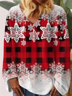 Women's T Shirt Tee Christmas Shirt Pink Red Blue Plaid Snowflake Print Long Sleeve Party Christmas Weekend Festival / Holiday V Neck Regular Fit Painting Spring &Fall -Cheap Women Clothing Store stlmiq1696843560244