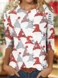 Women's T Shirt Tee Christmas Shirt Red Graphic Print Long Sleeve Party Daily Weekend Fashion Christmas Round Neck Regular Fit Painting Spring &Fall