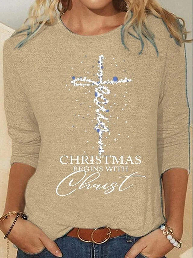 Women's T Shirt Tee Christmas Shirt Black Pink Blue Letter Print Long Sleeve Christmas Weekend Festival / Holiday Christmas Round Neck Regular Fit Painting Spring &Fall 4 Women's T Shirt Tee Christmas Shirt Black Pink Blue Letter Print Long Sleeve Christmas Weekend Festival / Holiday Christmas Round Neck Regular Fit Painting Spring &Fall - Image 2