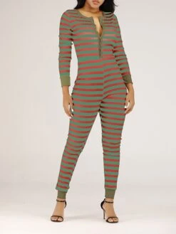 Women's Jumpsuit Button Print Striped V Neck Streetwear Christmas Street Xmas Regular Fit Long Sleeve Pink Red Blue S M L Fall -Cheap Women Clothing Store stvkon1695792386127