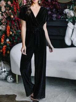 Women's Jumpsuit Lace Up High Waist Solid Color Round Neck Active Christmas Daily Regular Fit Short Sleeve Black Wine Green S M L Fall -Cheap Women Clothing Store stxoyy1697679527553