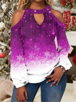 Women's Shirt Christmas Shirt Grass Green Black Pink Snowflake Cut Out Print Long Sleeve Christmas Weekend Streetwear Casual Print Round Neck Regular Fit Cold Shoulder -Cheap Women Clothing Store subjre1664784860700