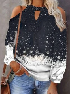 Women's Shirt Christmas Shirt Grass Green Black Pink Snowflake Cut Out Print Long Sleeve Christmas Weekend Streetwear Casual Print Round Neck Regular Fit Cold Shoulder -Cheap Women Clothing Store suhhgk1667526255474