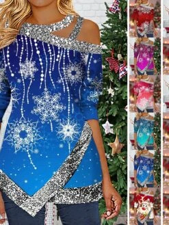 Women's Shirt Christmas Shirt Black White Pink Sparkly Snowflake Cut Out Asymmetric Print Long Sleeve Party Christmas Weekend Streetwear Metallic Casual Round Neck Regular Fit Spring Fall