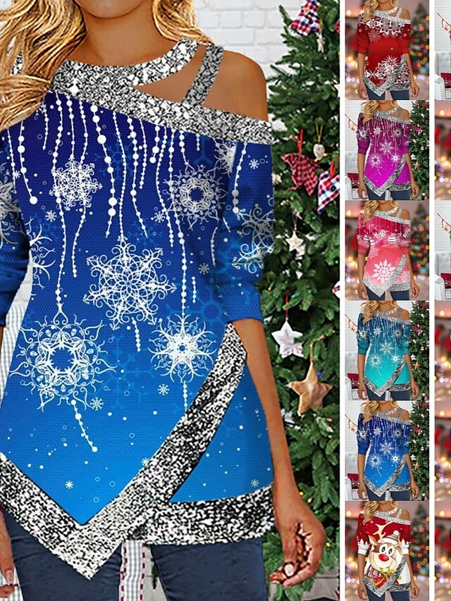 Women's Shirt Christmas Shirt Black White Pink Sparkly Snowflake Cut Out Asymmetric Print Long Sleeve Party Christmas Weekend Streetwear Metallic Casual Round Neck Regular Fit Spring Fall 3 Women's Shirt Christmas Shirt Black White Pink Sparkly Snowflake Cut Out Asymmetric Print Long Sleeve Party Christmas Weekend Streetwear Metallic Casual Round Neck Regular Fit Spring Fall