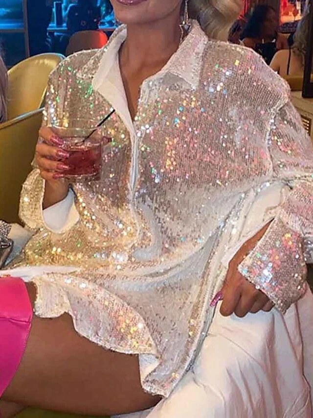 Women's Shirt Blouse Silver Blue Green Sparkly Sequins Long Sleeve Party Christmas Fashion Shirt Collar Regular Fit Spring &Fall 14 Women's Shirt Blouse Silver Blue Green Sparkly Sequins Long Sleeve Party Christmas Fashion Shirt Collar Regular Fit Spring &Fall - Image 12