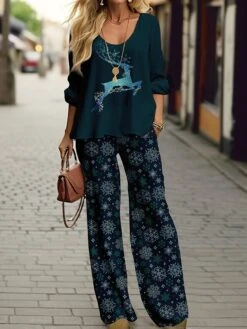 Women's Pants Sets Christmas Shirt Red Royal Blue Blue Reindeer Print Long Sleeve Party Christmas Festival Christmas Round Neck Regular Fit Spring &Fall