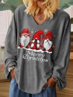 Women's T Shirt Tee Christmas Shirt Black Red Green Santa's Helper Print Long Sleeve Christmas Weekend Festival / Holiday Christmas V Neck Regular Fit Painting Spring &Fall