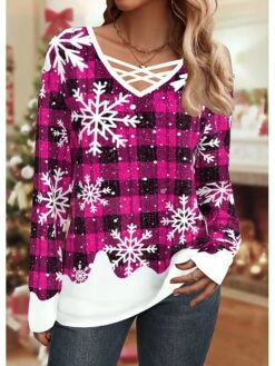 Women's T Shirt Tee Christmas Shirt Pink Red Blue Plaid Snowflake Print Long Sleeve Christmas Weekend Festival / Holiday V Neck Regular Fit Painting Spring &Fall -Cheap Women Clothing Store syyfox1697527779071