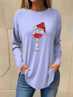 Women's T Shirt Tee Christmas Shirt Black Pink Red Wine Glass Rhinestone Print Long Sleeve Party Christmas Weekend Festival / Holiday Christmas Round Neck Regular Fit Painting Spring &Fall -Cheap Women Clothing Store szkdhg1694685129009