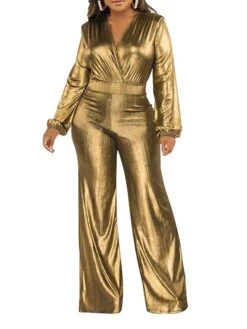 Women's Jumpsuit High Christmas Waist Solid Color V Neck Streetwear Party Xmas Street Regular Fit Long Sleeve Gold Green S M L Fall -Cheap Women Clothing Store tabxwm1695281837982